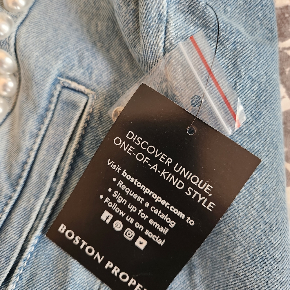 NWT Boston Proper Pearl Embellished Denim Jacket - Picture 3 of 8